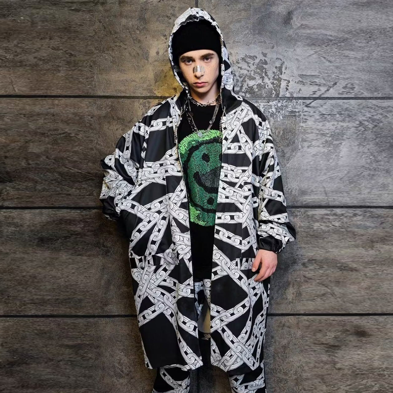 Chain print jacket handmade barbered wire windbreaker black