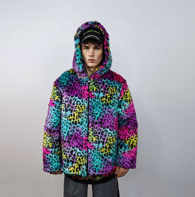 Tiedye hooded faux fur jacket leopard coat rainbow trench animal print bomber fuzzy cheetah fleece festival puffer burning man overcoat pink