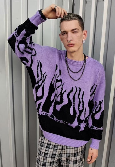 Flame sweater fire jumper in purple grunge burning top