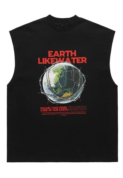 Earth print tank top surfer vest retro sleeveless t-shirt