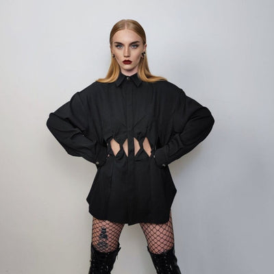 Cut out shirt long sleeve geometric hole top mesh blouse see-through oversize gothic top bondage sweatshirt crotchet jumper in black