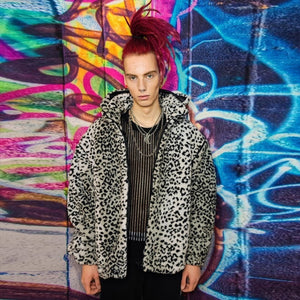 Leopard fleece hooded jacket handmade tie-dye fluffy bomber