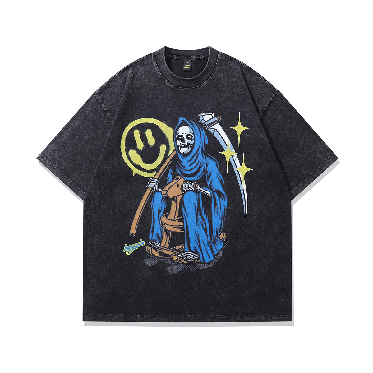 Grim reaper t-shirt death print tee retro Y2K cartoon top in vintage grey