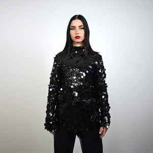 Long sleeve sequin embellished mesh top black body hugging luxury embroidered t-shirt luminous going out fancy dress jumper party pullover