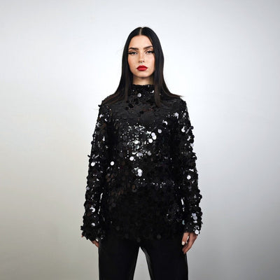 Long sleeve sequin embellished mesh top black body hugging luxury embroidered t-shirt luminous going out fancy dress jumper party pullover