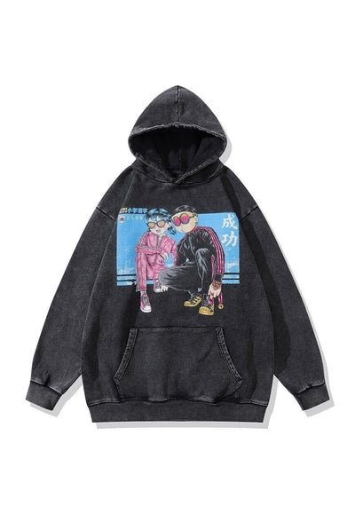 Anime hoodie couple print pullover Japanese top in grey