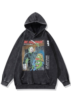 Kermit print hoodie retro cartoon pullover grunge top grey