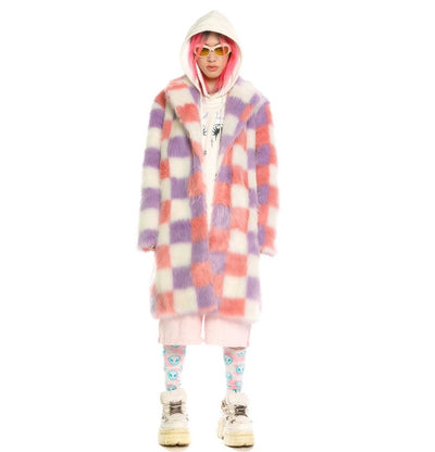 Checked shaggy fur longline coat geometric pattern jacket rave bomber fluffy festival coat fleece party bomber pastel burning man coat pink