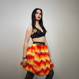 Faux fur skirt orange psychedelic midi fluffy fleece dress geometric flame bottoms carnival skirt elasticated waist burning man rave skirt