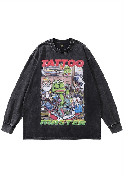 Retro cartoon t-shirt vintage wash turtles top long tee grey