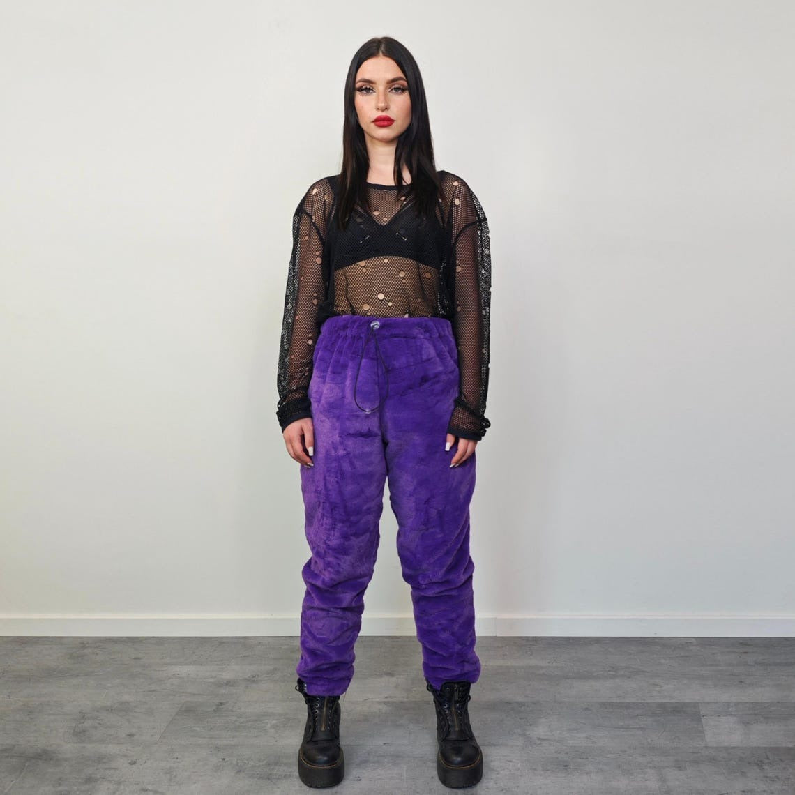 Faux fur joggers purple soft fleece trousers luxury soft pants handmade party hotpants fluffy festival set