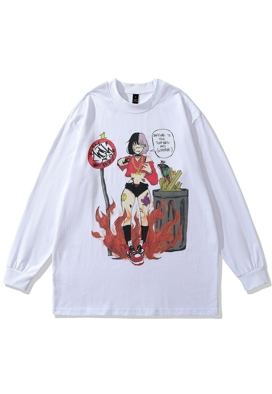 Anime t-shirt old Japanese cartoon long tee retro top white