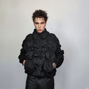 Pleated bomber jacket wrinkled grunge varsity high fashion edgy coat Gothic varsity 3D pocket jacket in black