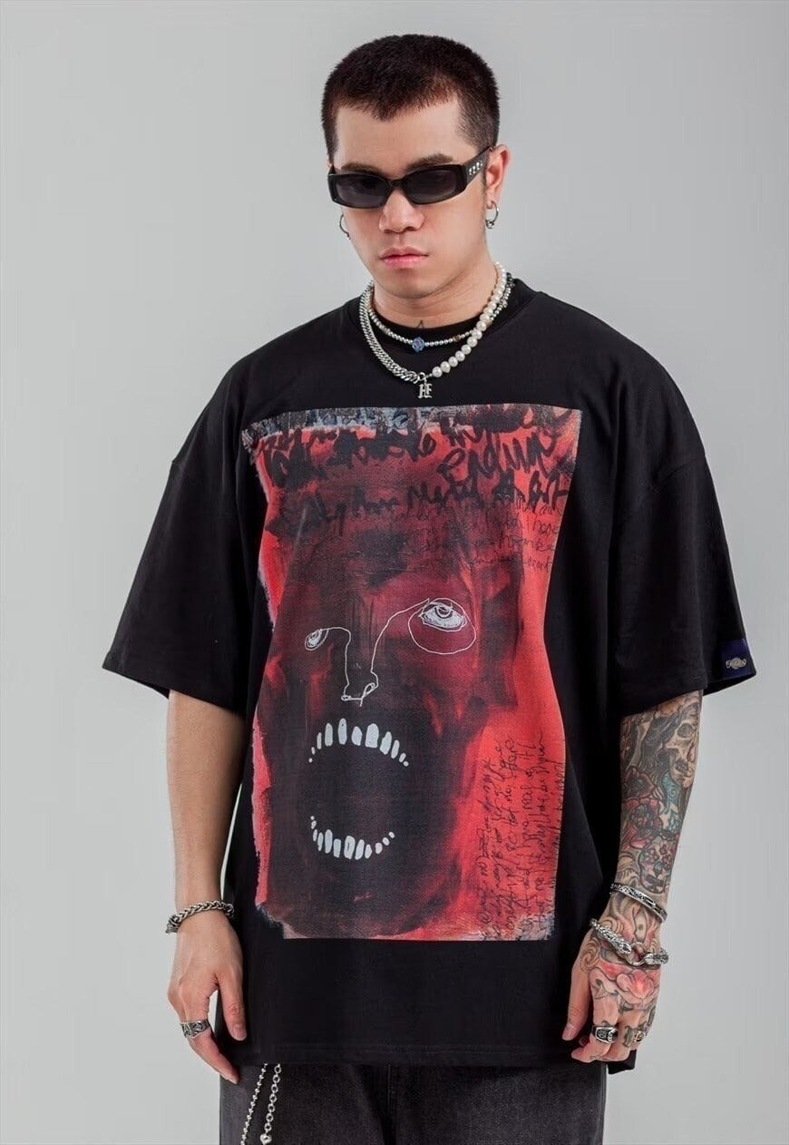 Monster print t-shirt punk Devil tee Satan Gothic top black