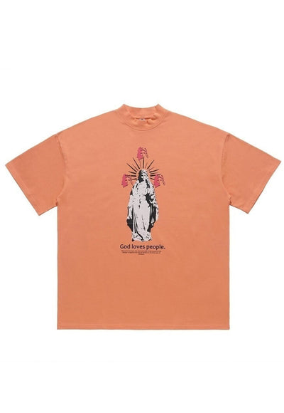 Saint print t-shirt Virgin Mary tee angel top in orange