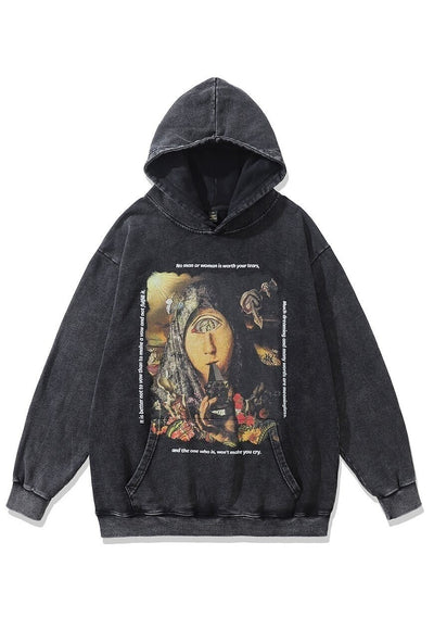 Creepy hoodie illuminati pullover horror print top in grey