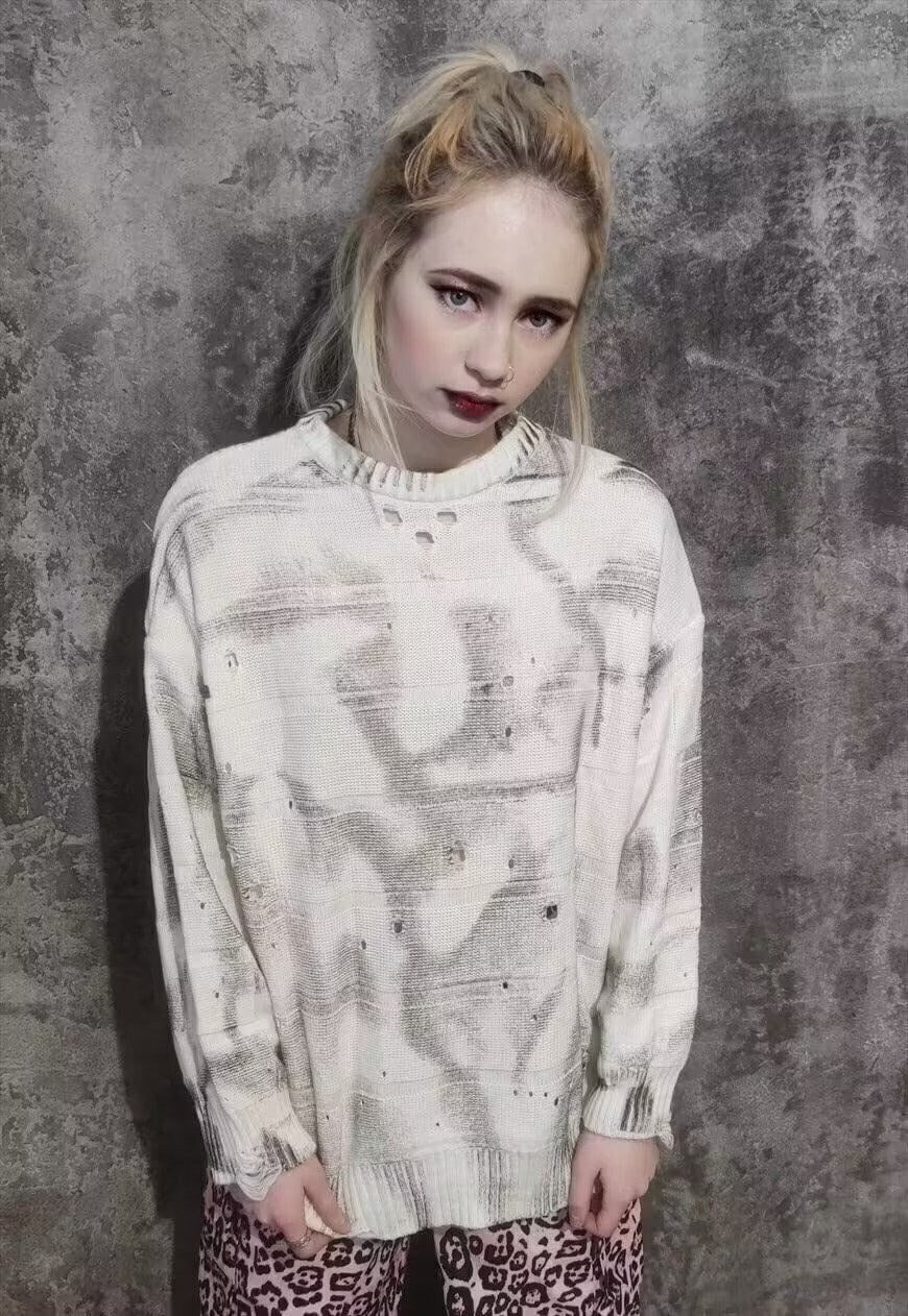 Ripped knitted sweatshirt distress knitwear jumper grey oil