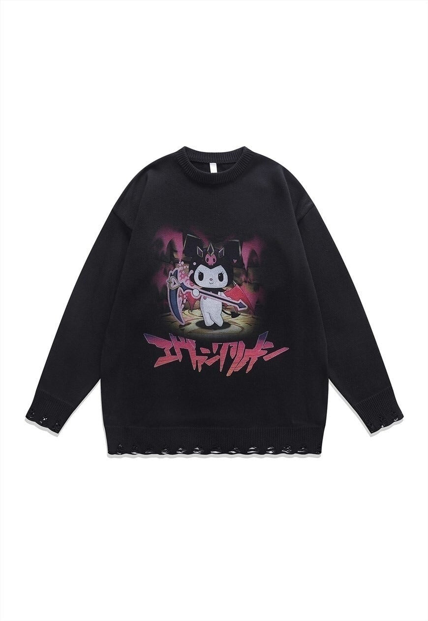 Anime sweater Manga knit distressed Japanese jumper in black