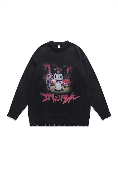 Anime sweater Manga knit distressed Japanese jumper in black