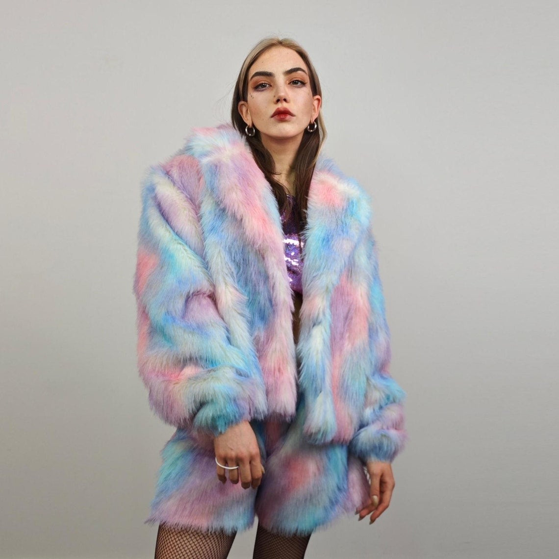 Rainbow faux fur coat tiedye trench shaggy cropped gay jacket LGBT bomber fuzzy unicorn detachable sleeves festival overcoat carnival fleece