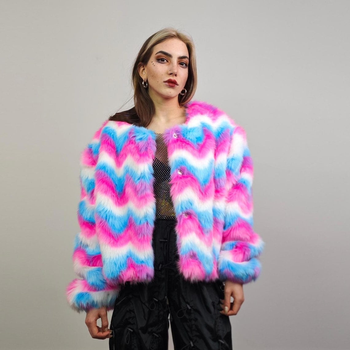 Pink faux fur coat short striped collarless jacket unicorn trench fluffy detachable sleeves handmade festival overcoat burning man fleece
