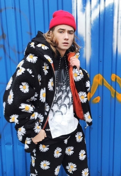 Daisy print fleece jacket handmade sunflower bomber in black