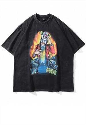 Joker print t-shirt clown tee retro circus movie top in grey