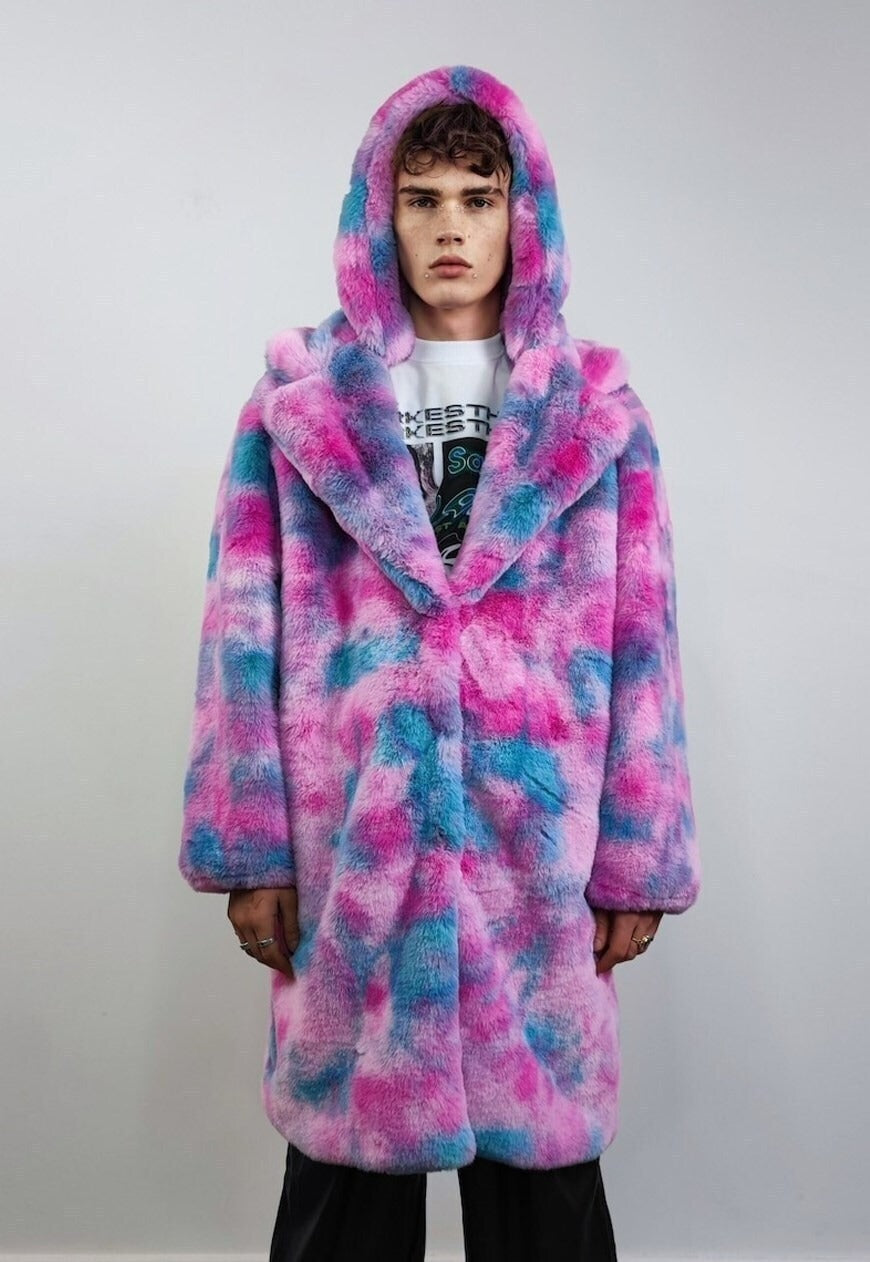 Tie-dye pink fleece gradient coat long fluffy hooded trench