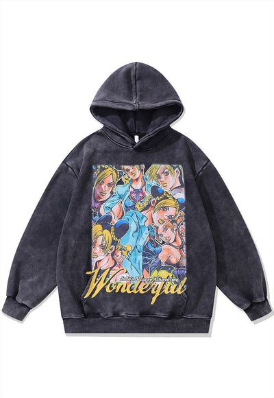 Anime hoodie vintage wash Jojos pullover Japanese jumper