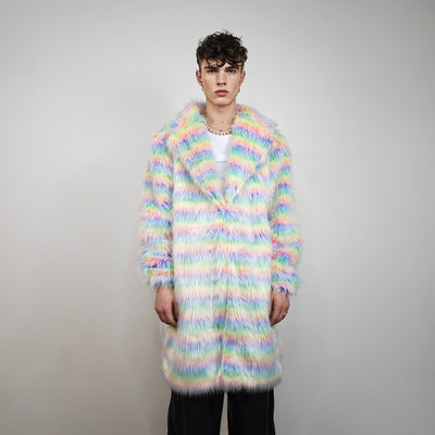 Striped shaggy fur coat longline pastel stripe carnival trench Gay overcoat fuzzy rave bomber Pride festival jacket LGBT custom peacoat