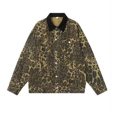 Leopard denim jacket ripped animal jean bomber cheetah coat