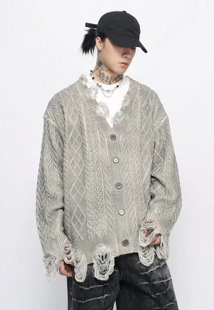 Grunge cardigan oil wash cable knitted ripped punk sweater