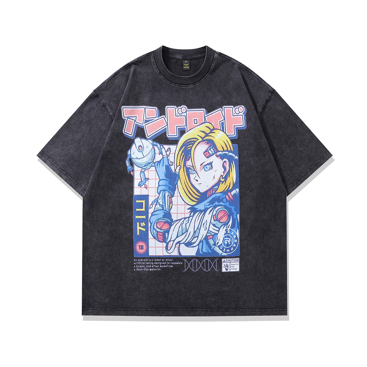 Anime girl t-shirt android cartoon tee Japanese top in vintage grey