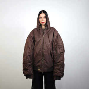 Hooded oversize bomber jacket brown baggy punk utility MA1 90s college coat rapper windbreaker hip-hop rain jacket going out raver puffer