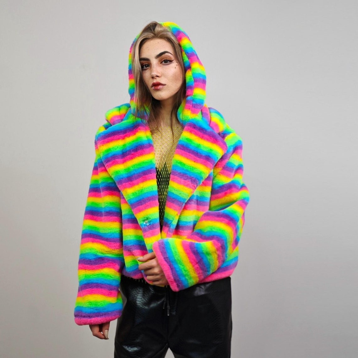 Rainbow Shorts unicorn fleece striped gay short LGBT rave bomber glitchy burning man outfit festival overcoat carnival trench