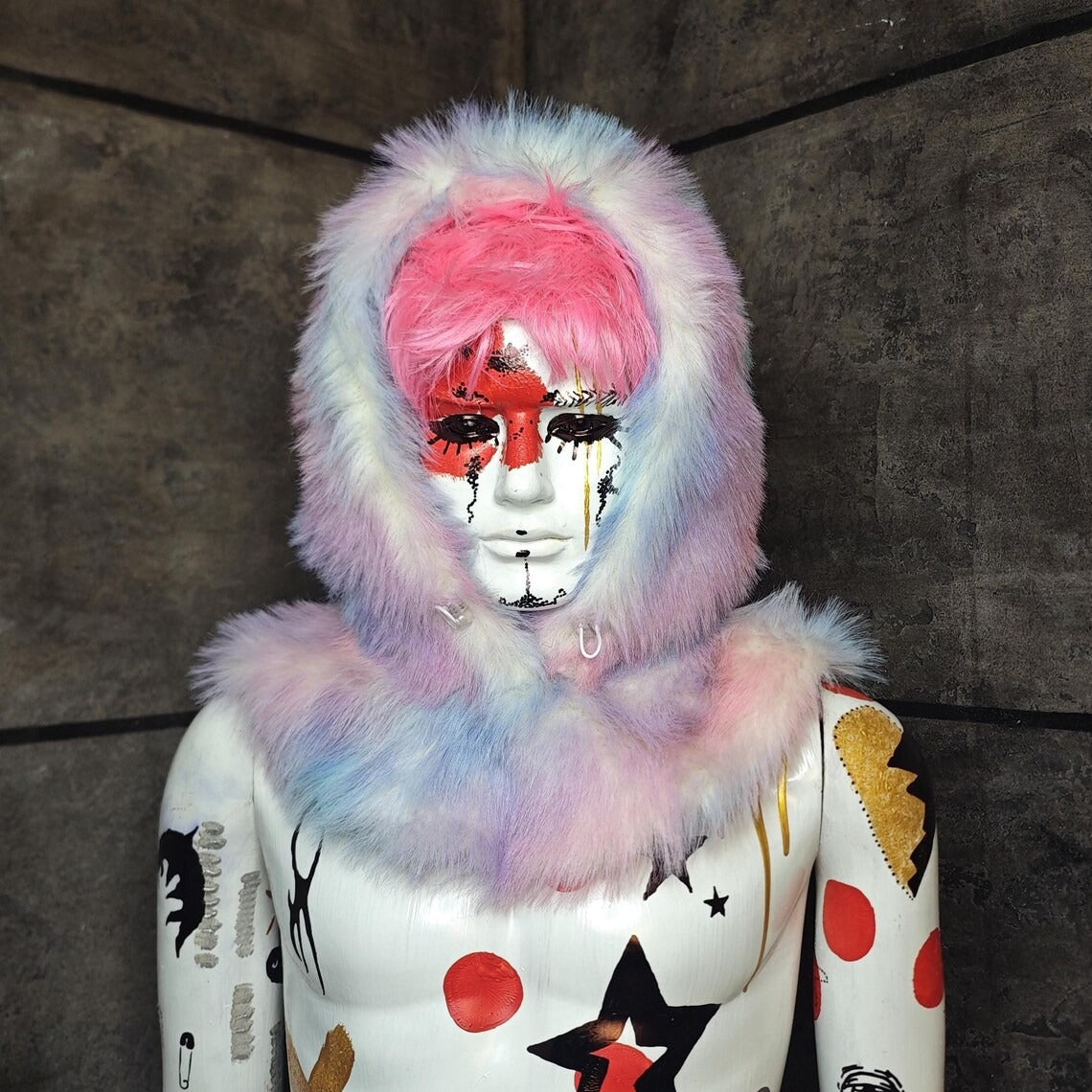 Faux fur hood pastel pink blue snood handmade hooded hat raver cap allover fluffy fleece scarf unisex bucket grunge winter festival headwear