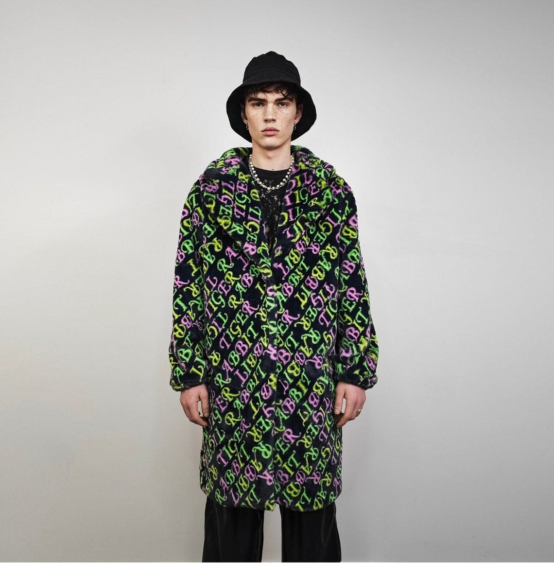 Graffiti fleece coat longline neon pattern trench rabbit slogan overcoat going out tiger bomber festival jacket customizable zodiac peacoat