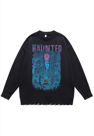 Creepy sweater haunted jumper ripped knitted top in black