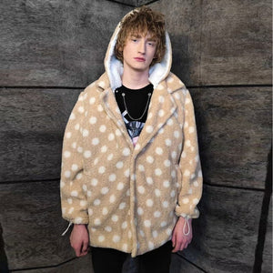 Polka dot fleece coat handmade 2in1 hood trench jacket cream