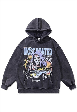 Grim reaper hoodie vintage wash pullover creepy jumper grey