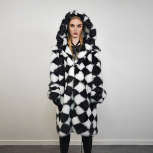 Diamond pattern fur coat checked long trench rhombus gothic overcoat SKA print bomber festival jacket customizable going out peacoat black