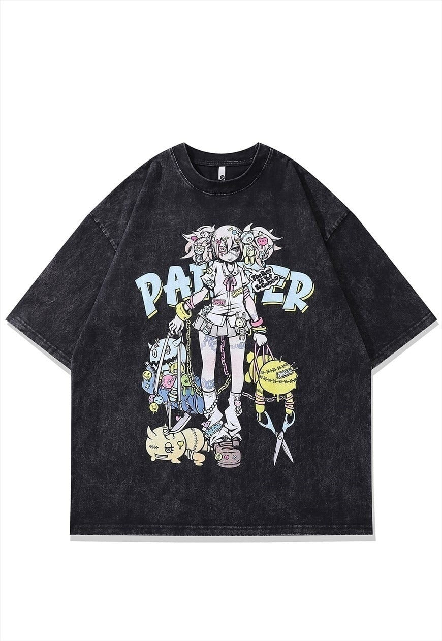 Anime girl t-shirt Japanese cartoon tee vintage wash top