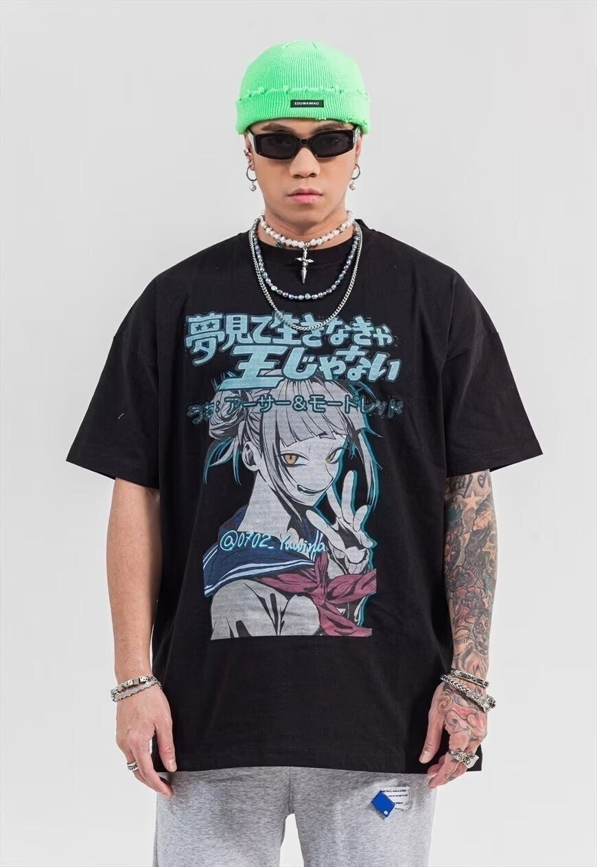 Anime girl t-shirt retro Japan manga tee Harajuku top black