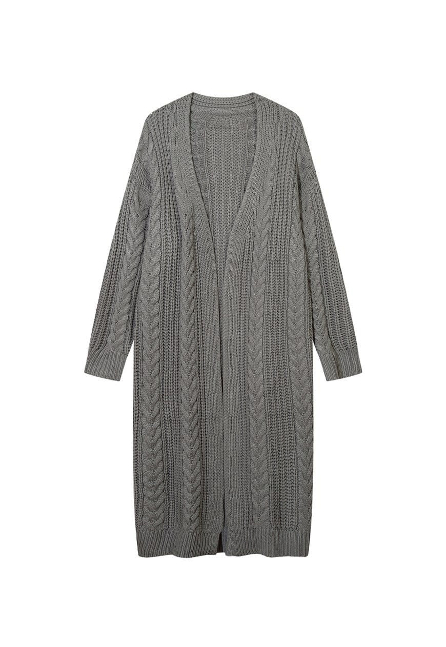 Cardigan dress cable knitted extreme length sweater in grey