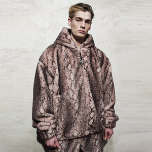 Faux fur snake coat hand made python fleece bomber in pink