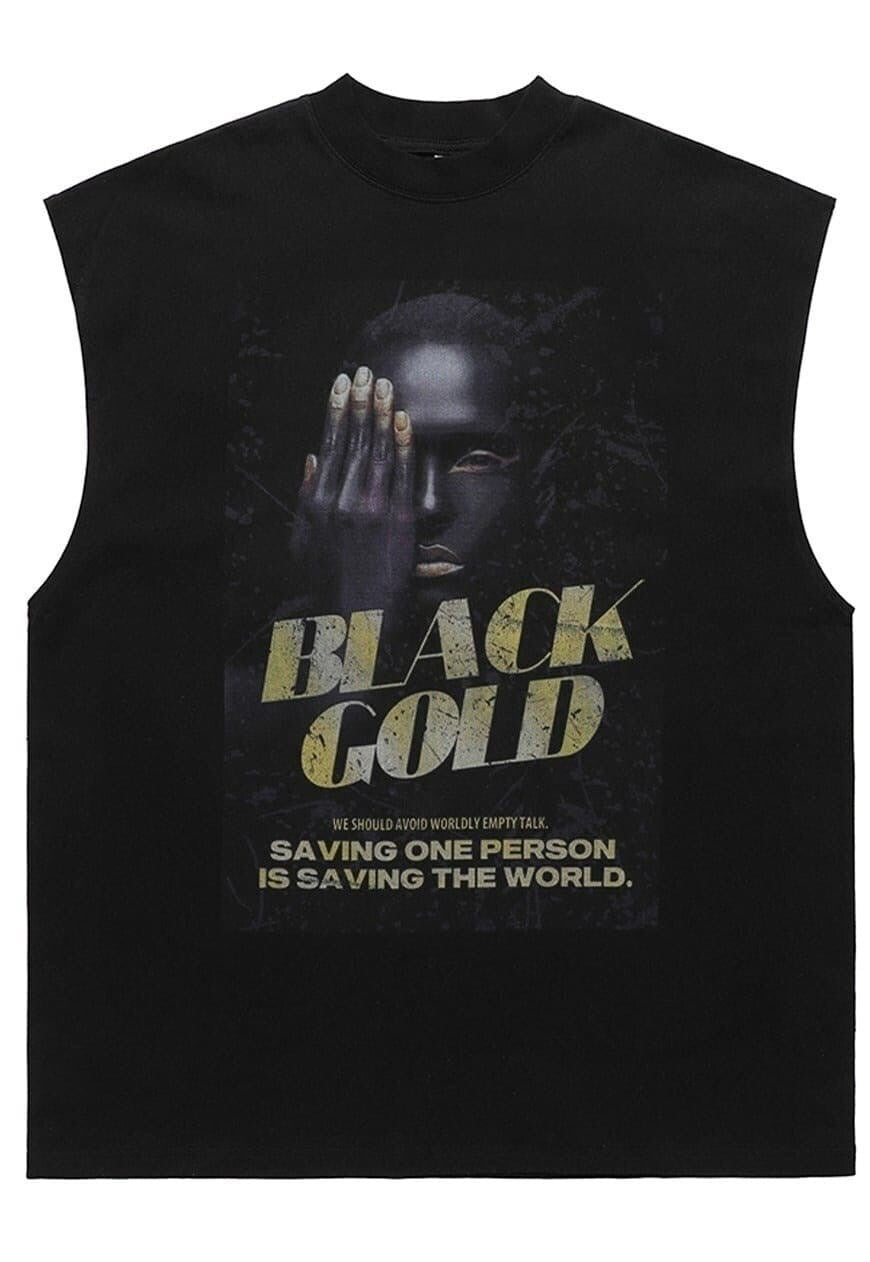 Gold slogan tank top surfer vest retro sleeveless t-shirt