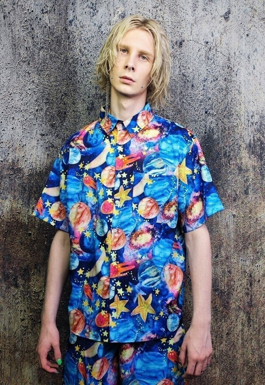 Space shirt night sky print short sleeve top in blue