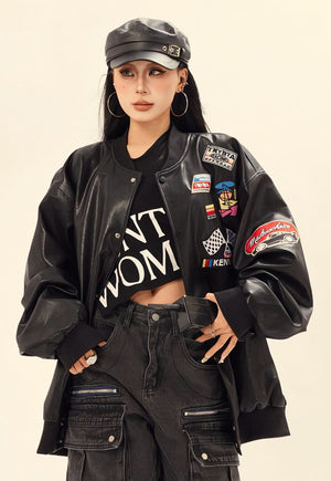 Faux leather racing jacket motorsports PU patchwork bomber