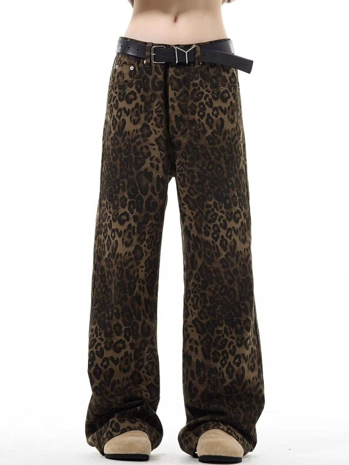 Leopard jeans animal print denim trouser high waist cheetah pants flared tiger pants in brown