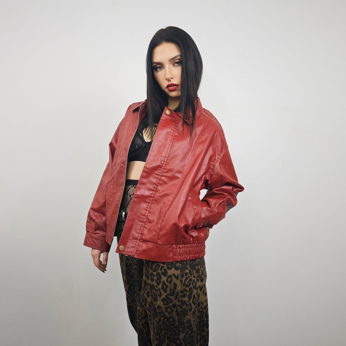 Red faux leather racing jacket utility PU bomber gorpcore biker jacket rocker varsity jacket retro 90s coat grunge college vinyl coat